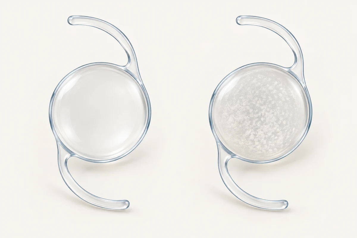 Comparison of a clear lens implant and one that has become cloudy.