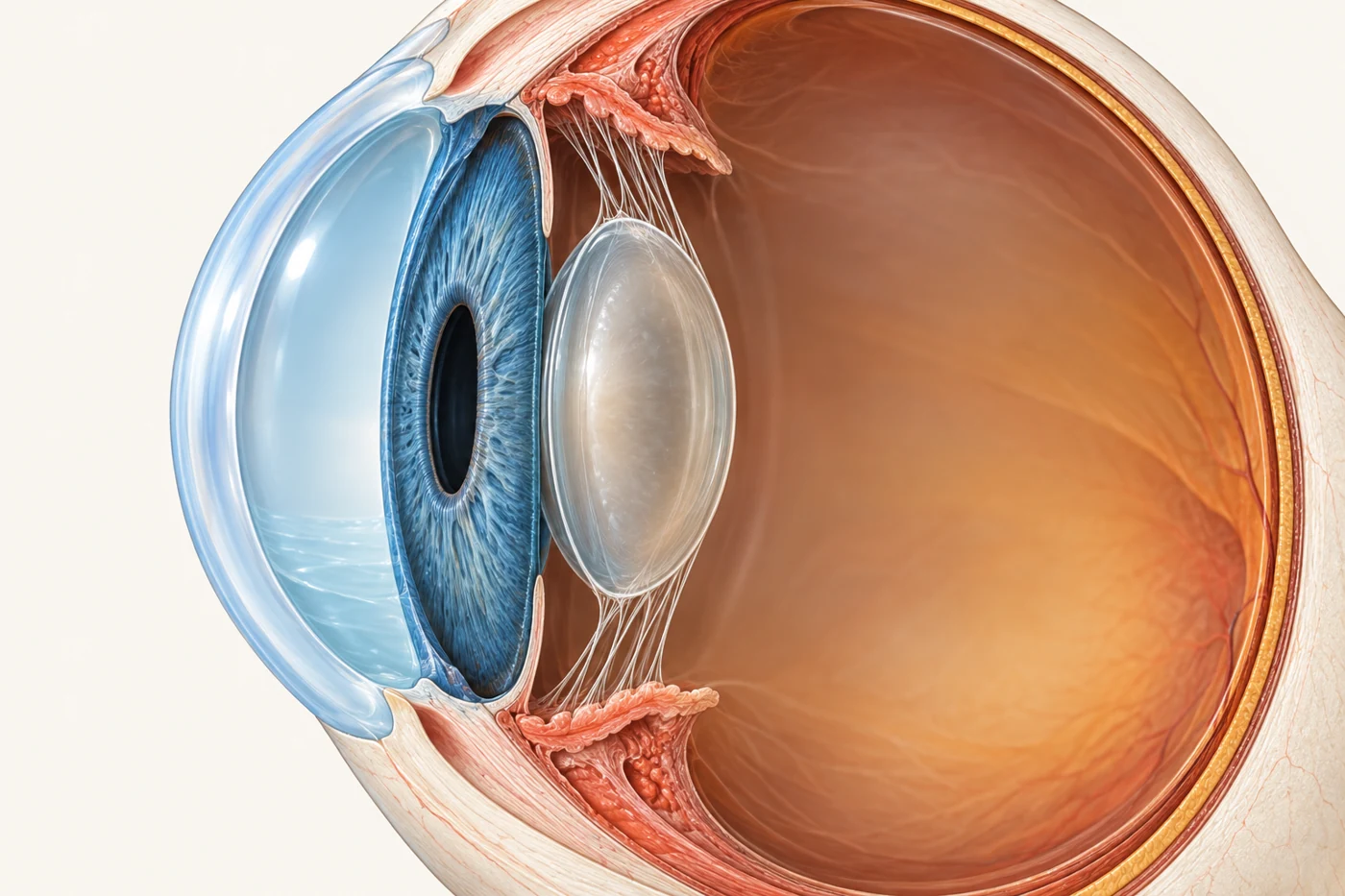 Diagram of the lens capsule and its suspending fibres in an eye without vitreous support.