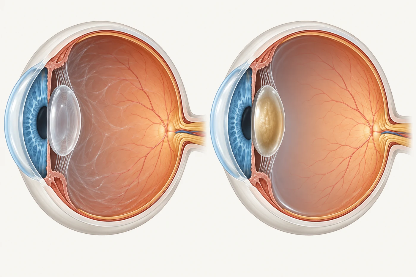 The vitreous gel before surgery and the fluid that replaces it afterwards, with the lens clouding over time.