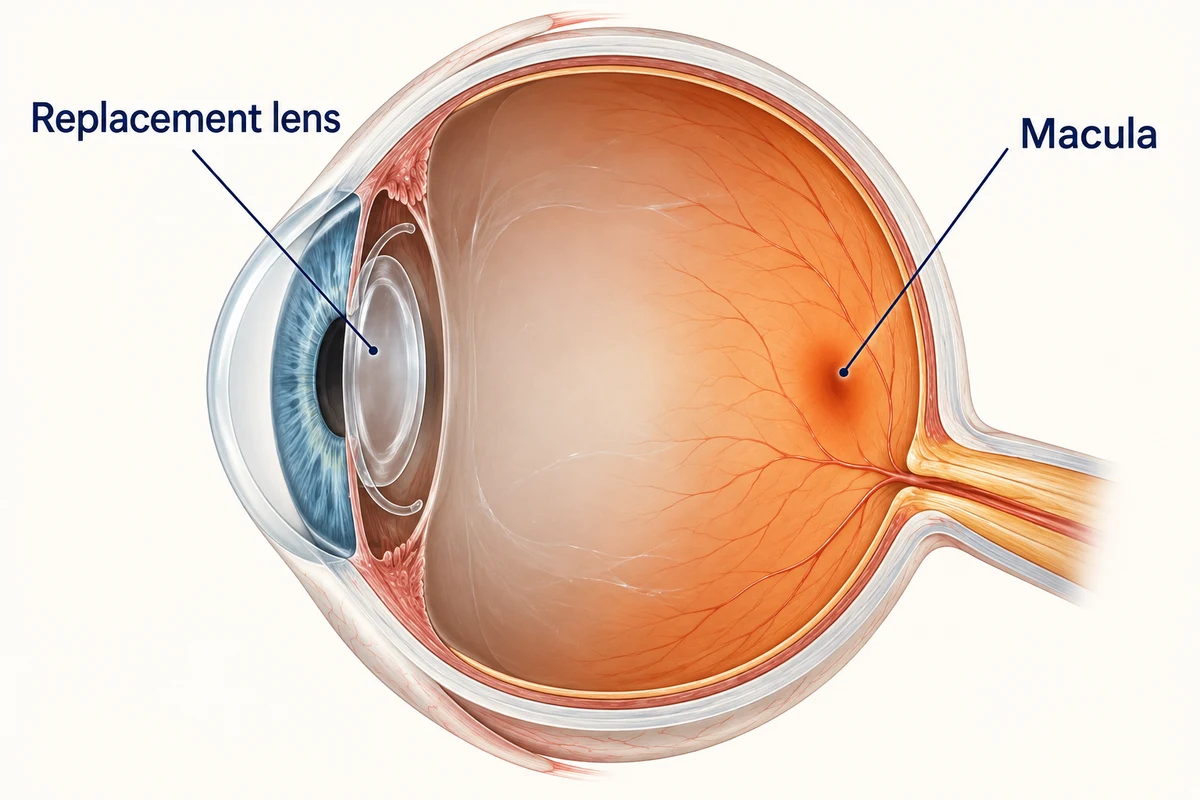 The lens implant at the front of the eye and the macula at the back, showing that both affect the final vision.