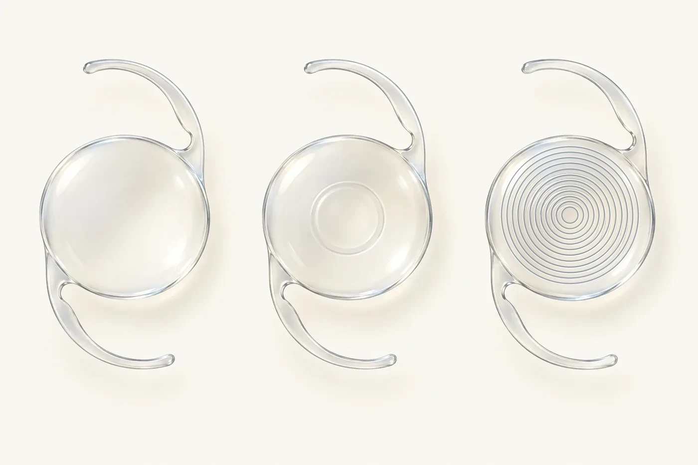 Diagrams of monofocal, extended depth of focus and multifocal lens optics.