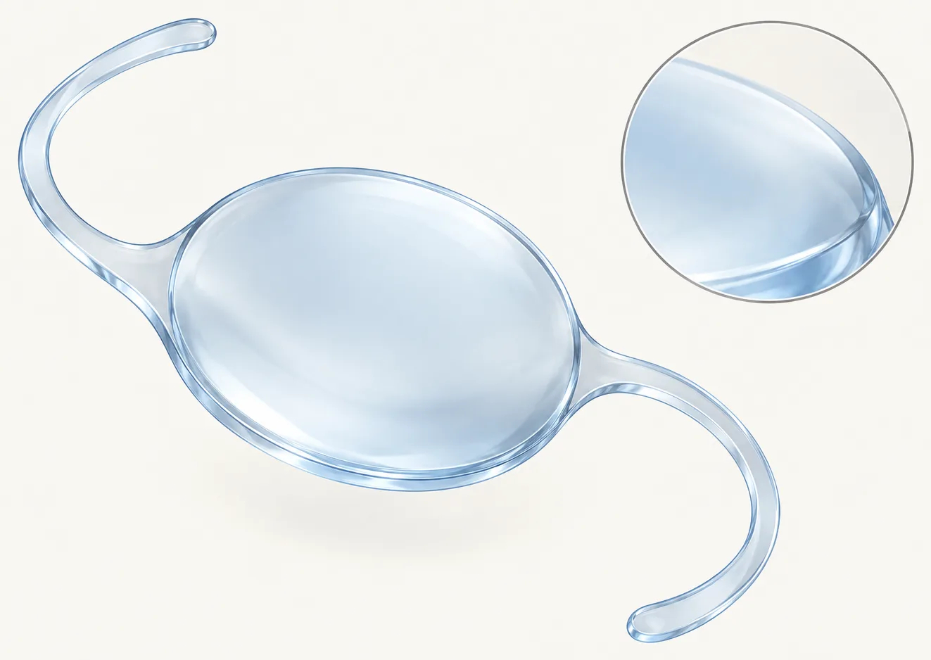 A generic transparent intraocular lens with a central optical disc and two curved support arms.