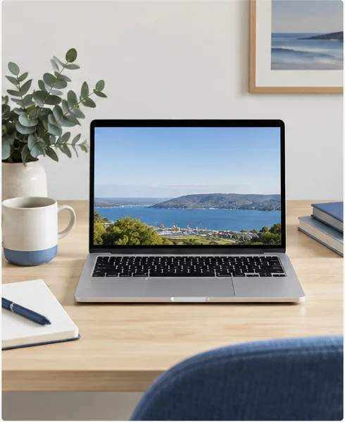 A laptop open on a desk at arm's length, an intermediate viewing task.