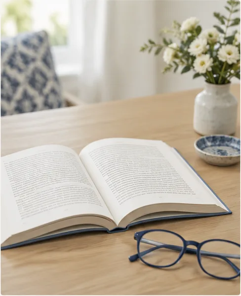 An open book on a table with reading glasses beside it, a near reading task.