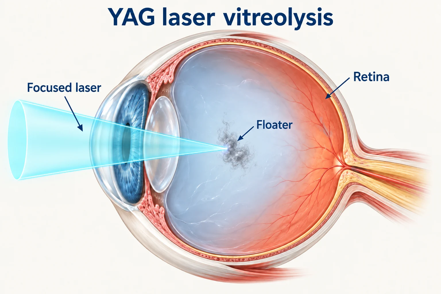 Diagram of a YAG laser beam focused on a floater within the vitreous cavity.