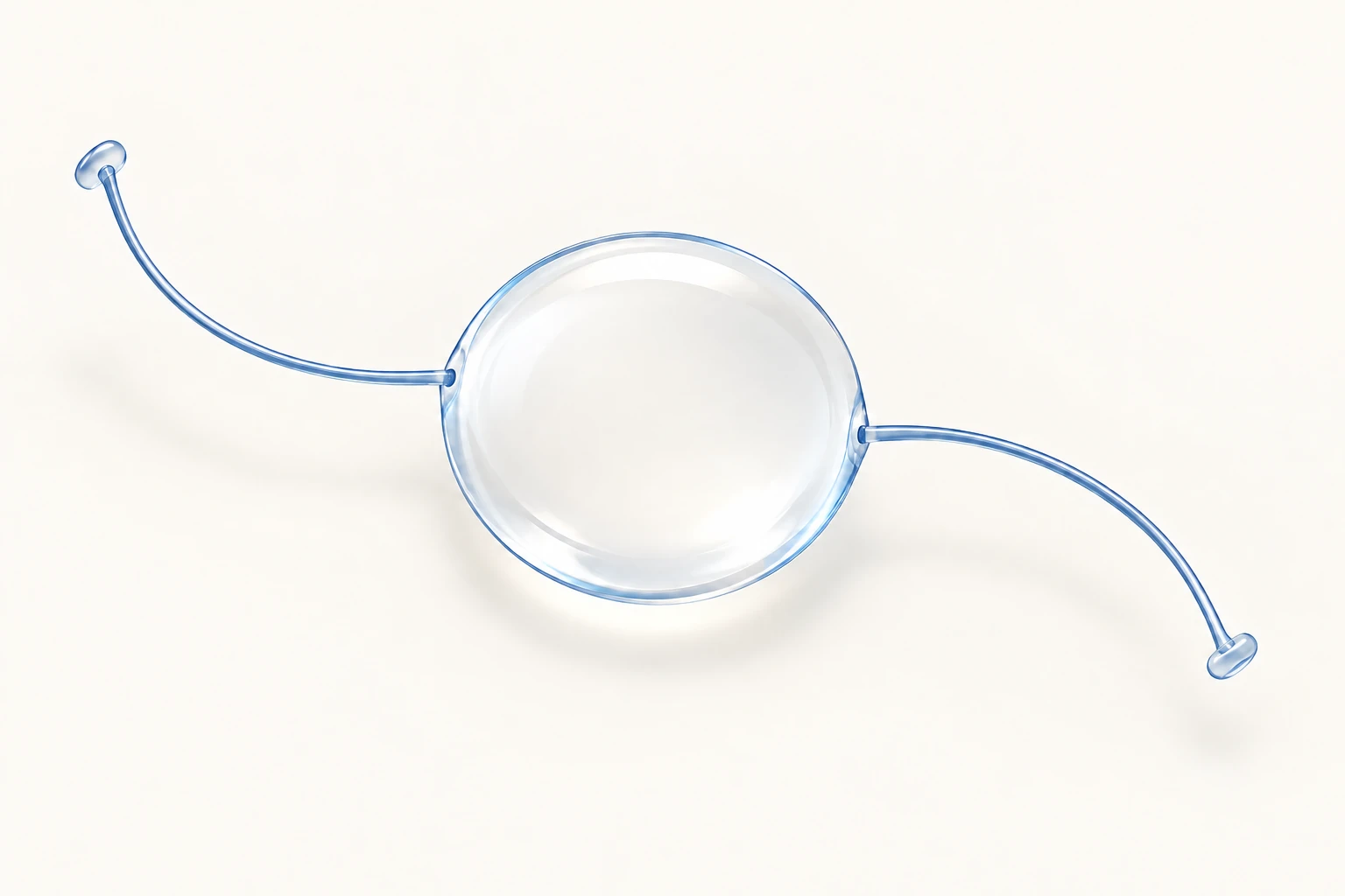 The lens implant on its own: a clear central disc with two fine supporting arms, each ending in a small bulb.