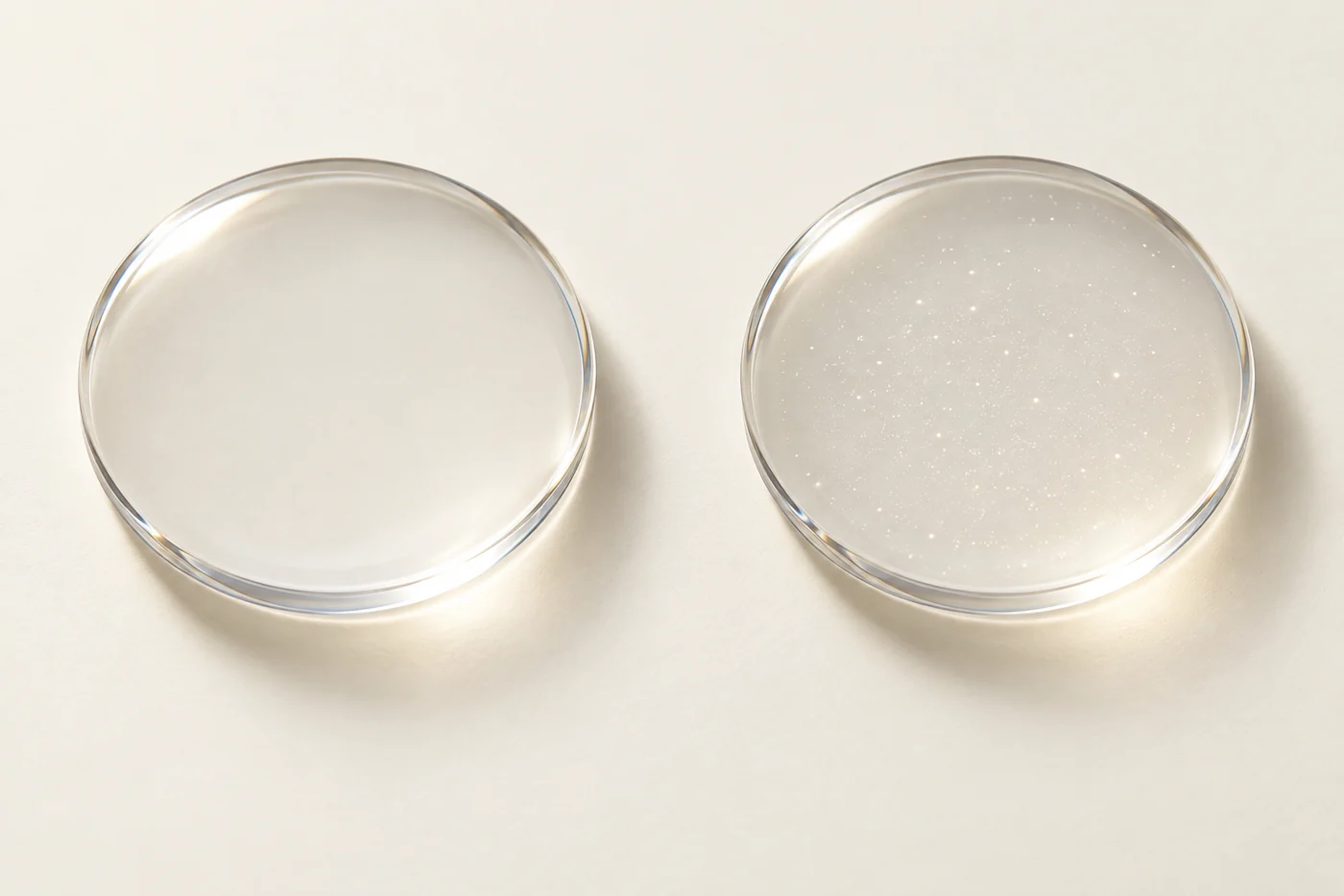 Two lens optics side by side under the same light. The left one is clear; the right shows a fine dusting of tiny sparkles within the material.