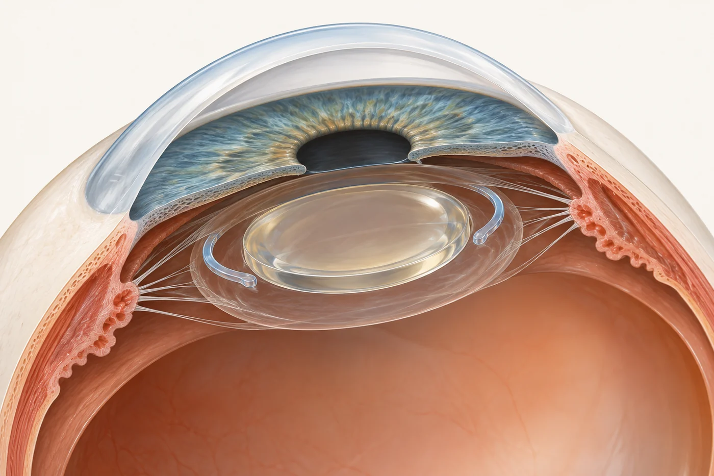 A cutaway view of the front of an eye with a clear lens implant resting in the capsular bag behind the iris.