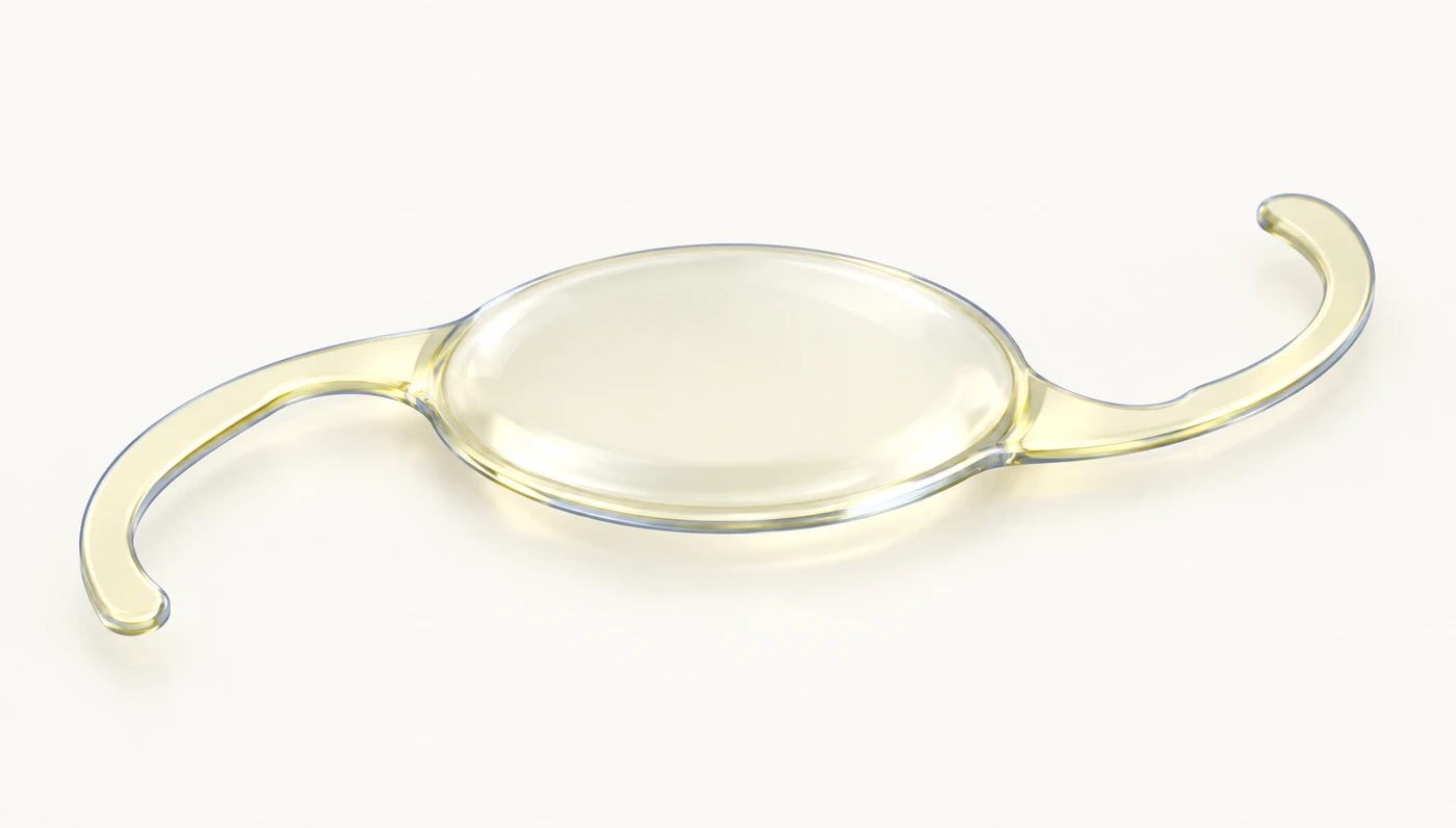 Low oblique view of a Clareon monofocal lens, showing its shallow curved optic and opposing support arms.