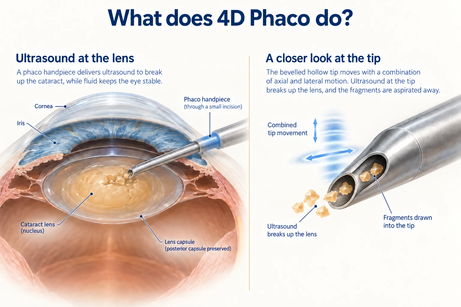 Eye cutaway locating the ultrasound tip at the cataract, alongside an enlarged cutaway tip showing fragments drawn into its hollow centre.