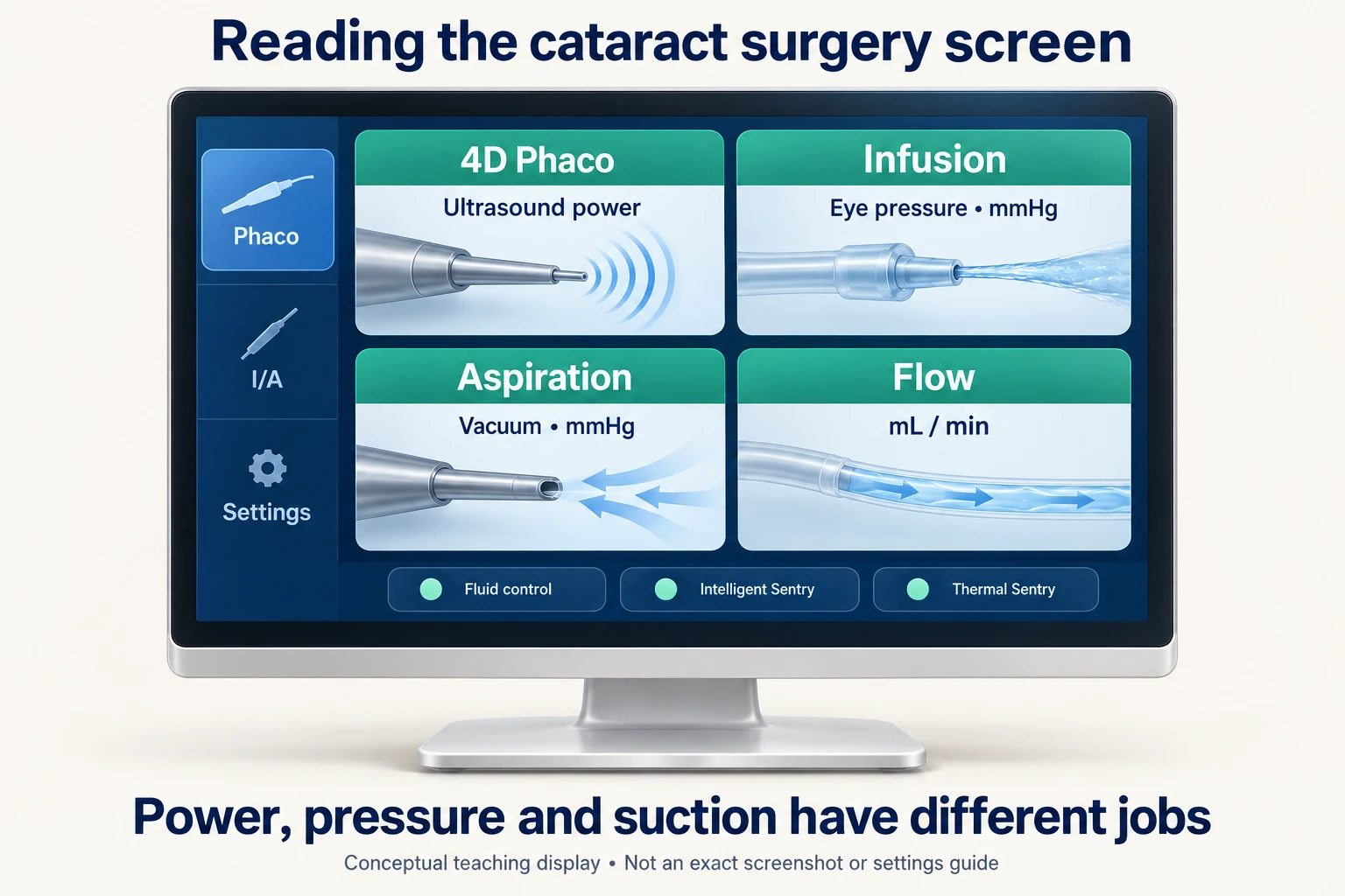 Conceptual cataract teaching display separating ultrasound power, eye pressure, vacuum and flow.