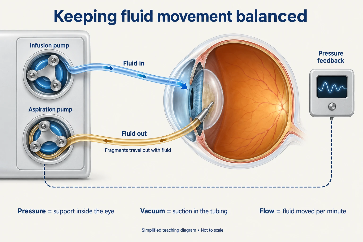 Separate infusion and aspiration pumps linked to an eye by blue inflow and gold outflow paths, with pressure feedback shown separately.