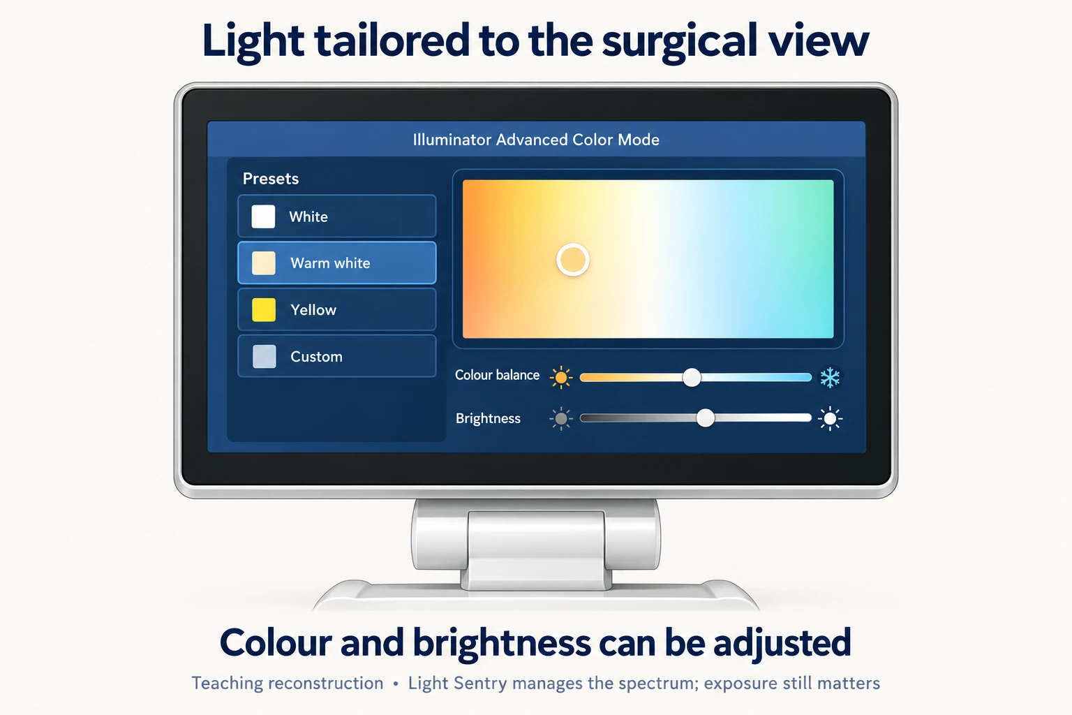 Illustrated illumination settings with white, warm-white, yellow and custom colour choices, a colour-selection area and brightness controls.