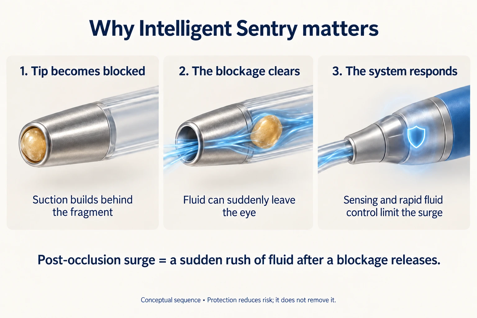 Three stages showing a lens fragment blocking a single tip opening, the fragment clearing and fluid entering, followed by the system's sensing and control response.