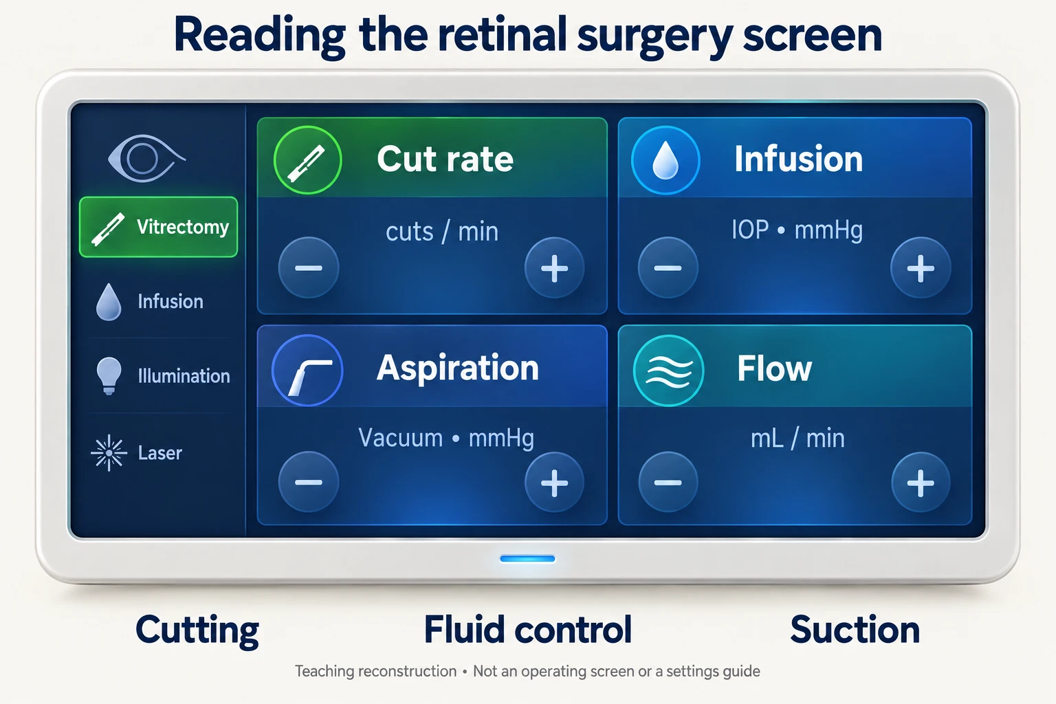 Conceptual retinal display with distinct tiles for cutter rate, infusion pressure, aspiration vacuum and flow.