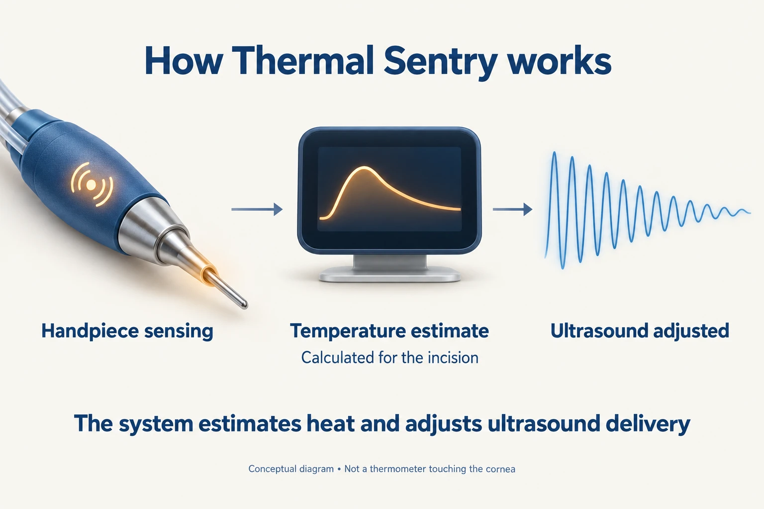 Handpiece sensing feeding a calculated temperature estimate, followed by adjustment of ultrasound delivery.