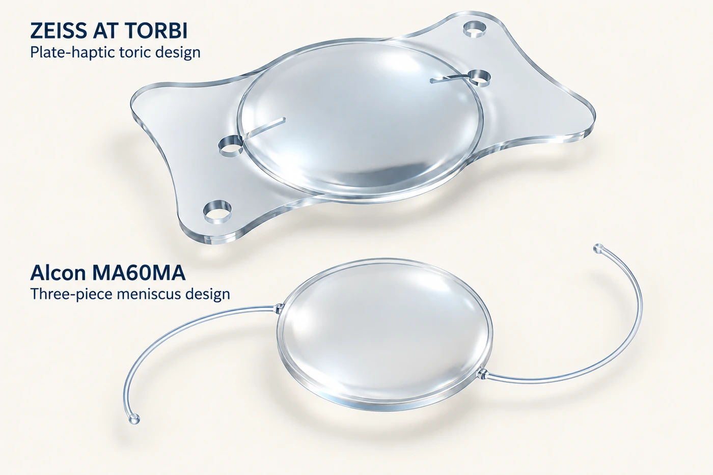 A clear ZEISS AT TORBI plate-haptic lens and an Alcon MA60MA lens with two fine separate curved supporting arms.