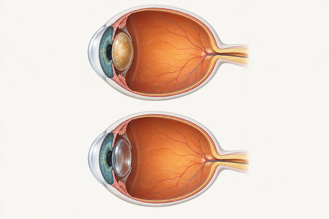 Two cross-sections of the same short-sighted eye. In the upper eye the natural lens is cloudy with a cataract; in the lower eye it has been replaced by a clear implant.