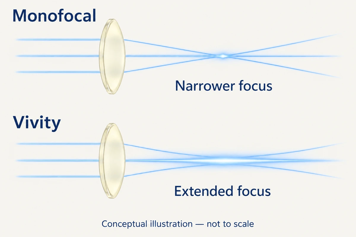 Conceptual comparison of a monofocal lens forming a narrow focus and Vivity providing an extended focal region.
