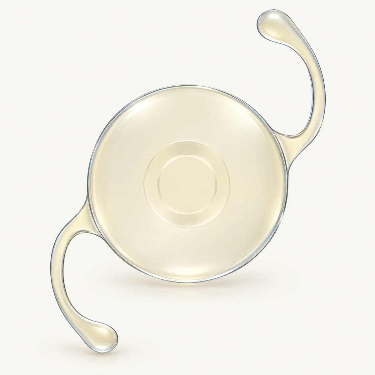 Illustration of a Clareon Vivity lens seen face-on, the pale yellow optic carrying a smooth ring-shaped central element, with two curved arms ending in rounded tips.