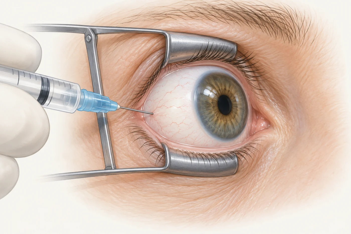 An eye held open with a small speculum while a fine needle enters the white of the eye a short distance behind the edge of the cornea.