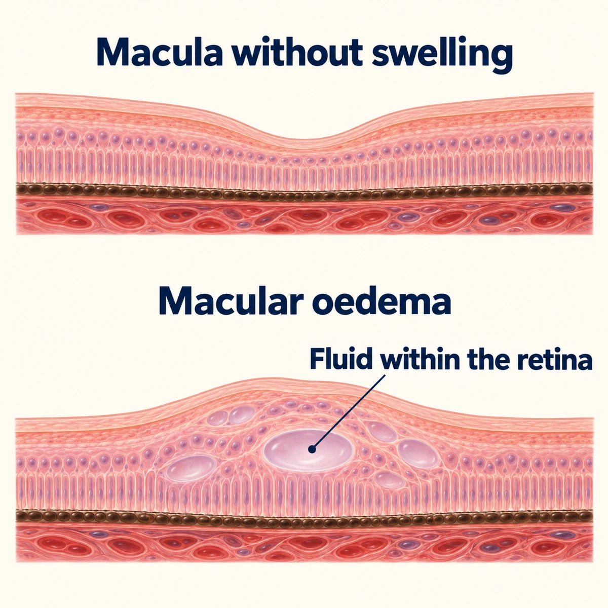 Cross-sections comparing an unswollen macula with a thicker macula containing fluid spaces within the retinal tissue.