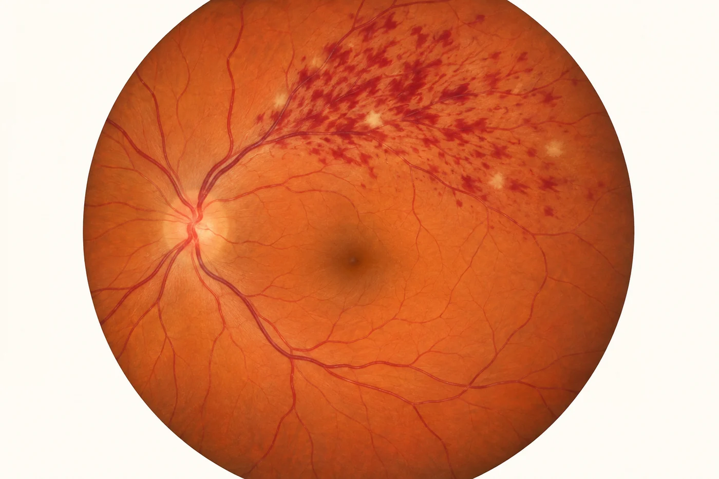 A retinal photograph showing a wedge of flame-shaped haemorrhages spreading from a point where a vein and an artery cross.