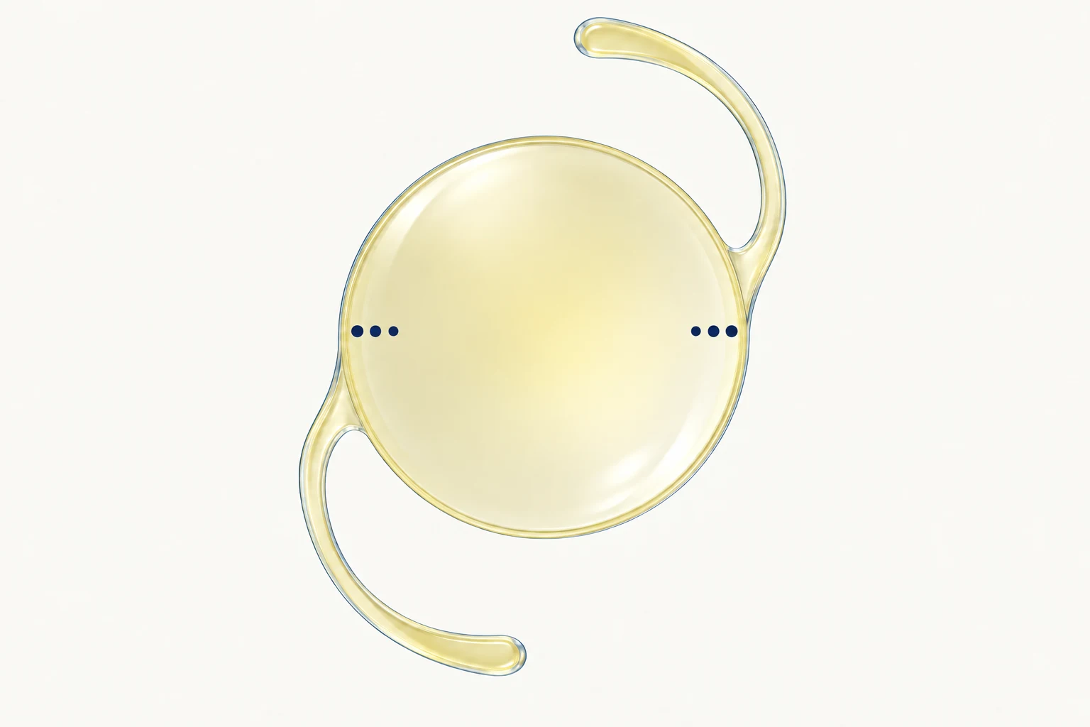 Generic pale-yellow toric lens with two curved supporting arms and small alignment dots at opposite edges of the smooth optic.