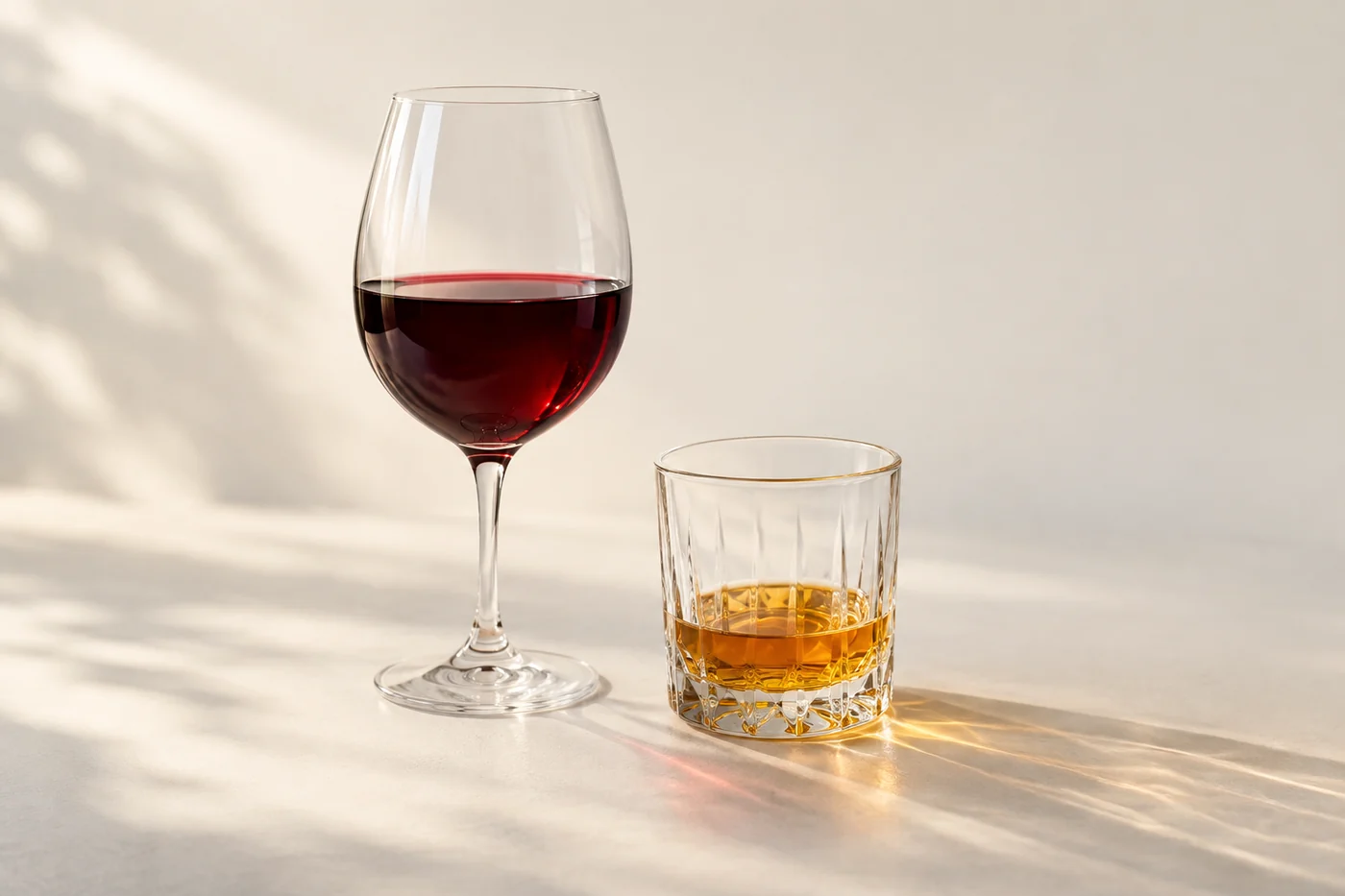 A glass of red wine beside a tumbler holding a measure of spirit.