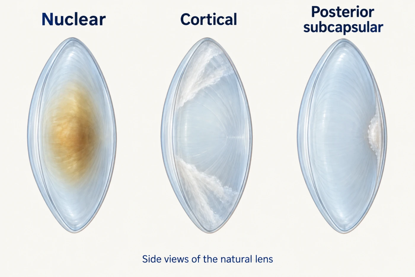 Side views showing a nuclear cataract in the lens centre, cortical cataract in the outer fibres, and a posterior subcapsular cataract just inside the back surface.