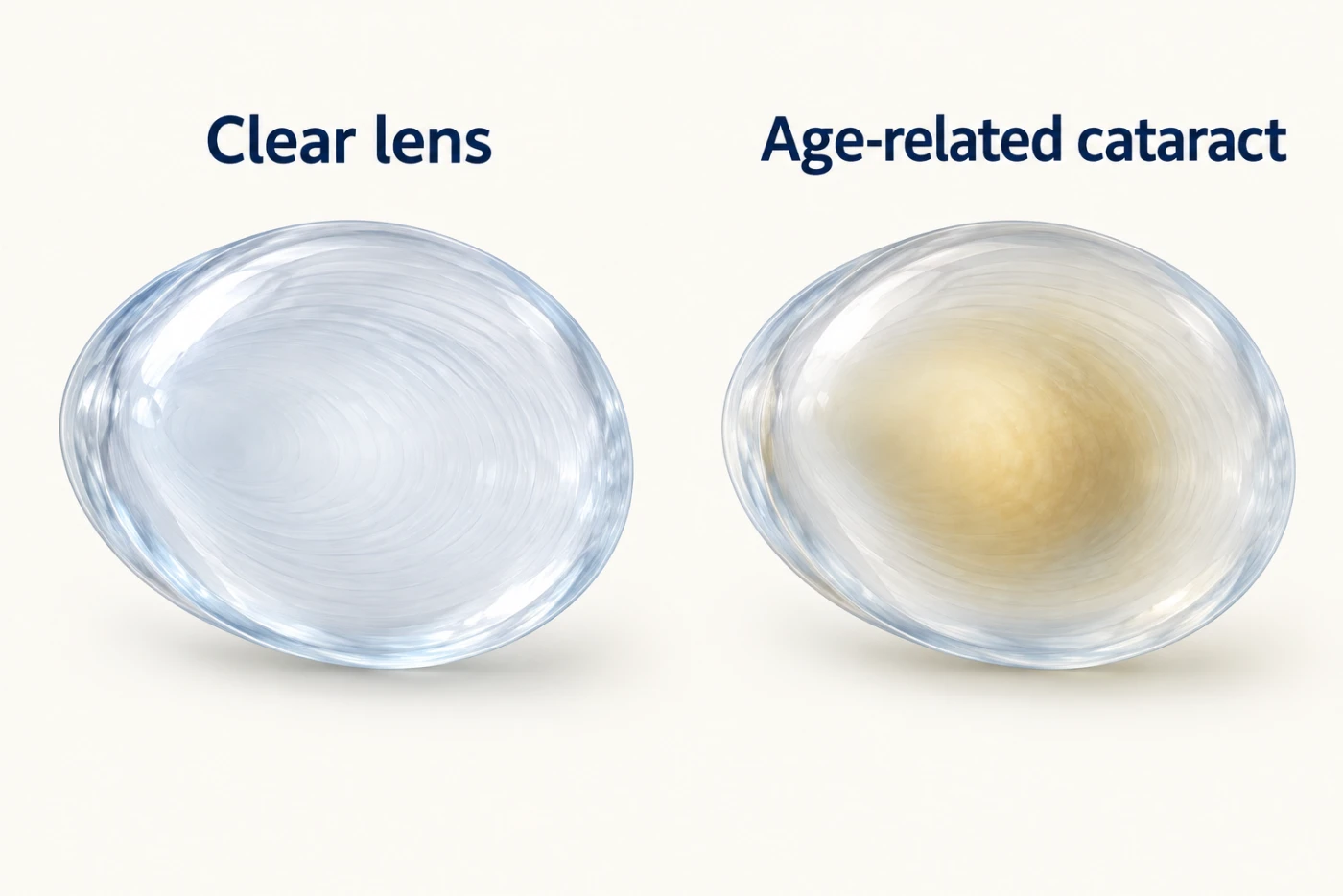 A clear natural lens beside an age-related cataract with a yellow cloudy centre and a clearer outer rim.