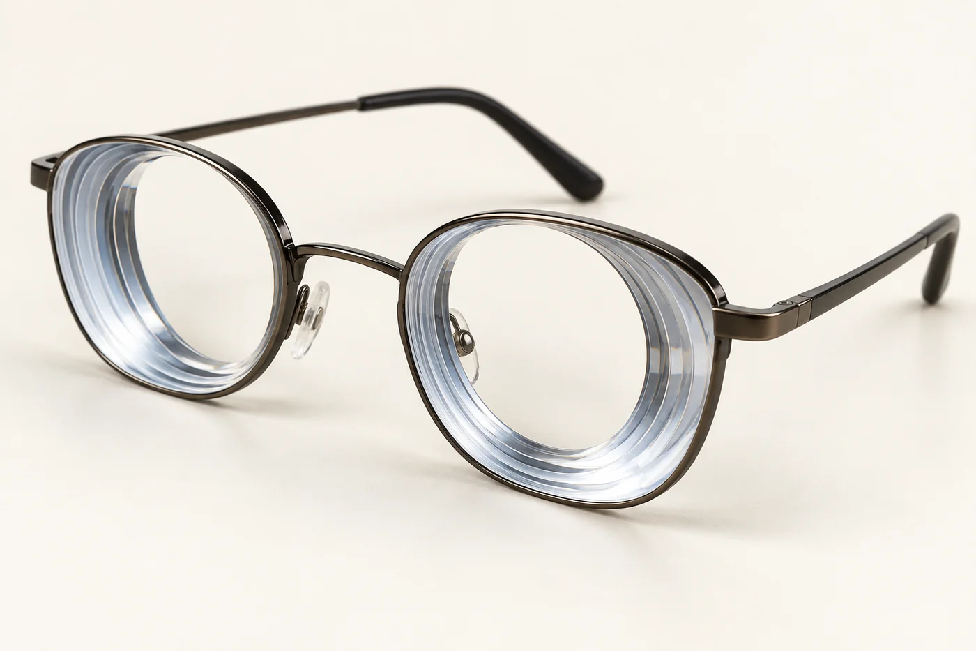 Spectacles for strong short-sightedness, thin at the centre and thick at the rim.