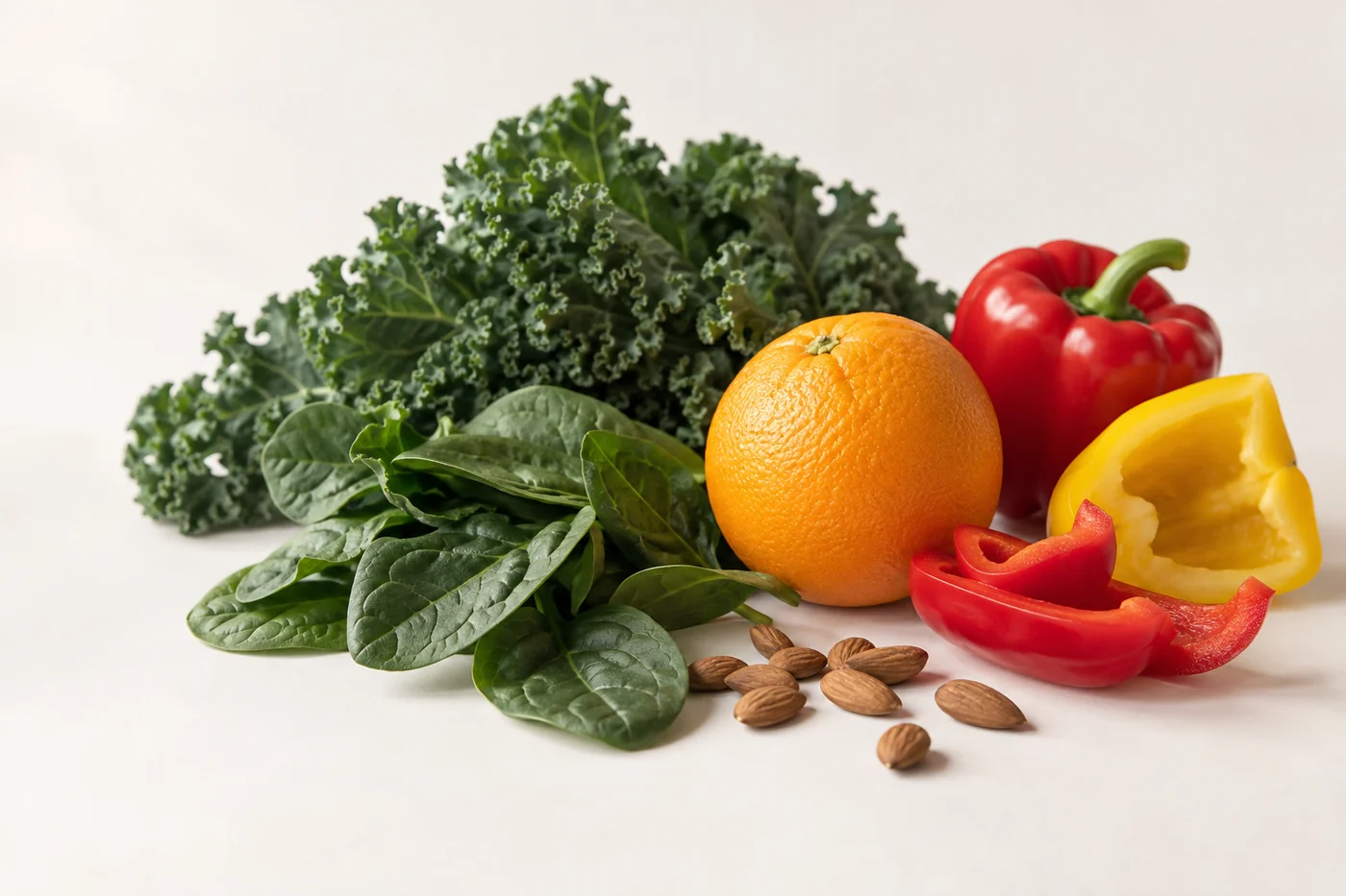 Dark leafy greens, an orange, pieces of capsicum and a scatter of almonds on a pale surface.