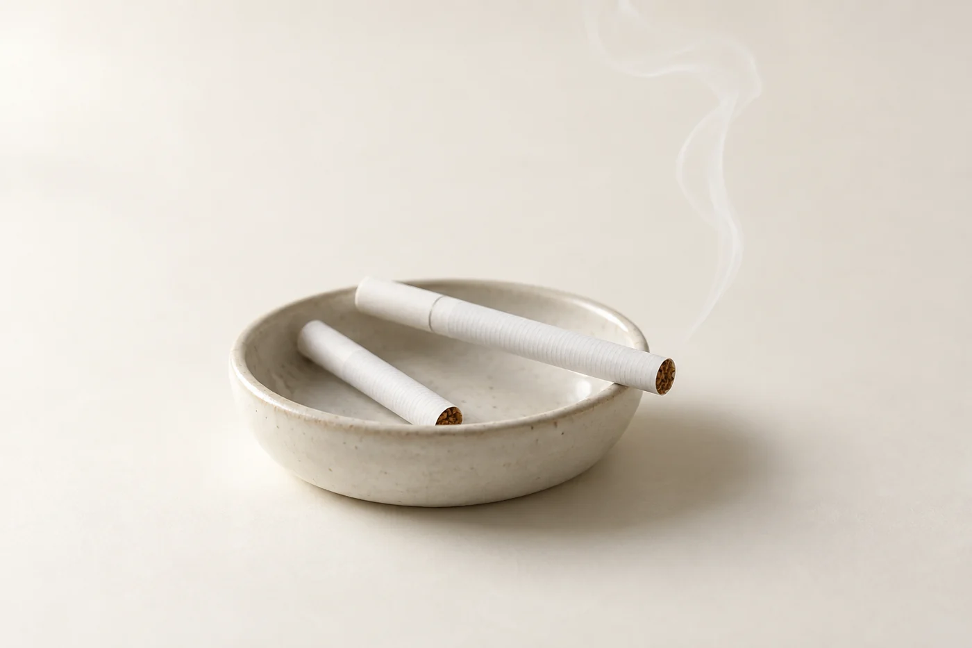 Two cigarettes resting in a plain ceramic dish with a thin wisp of smoke rising.