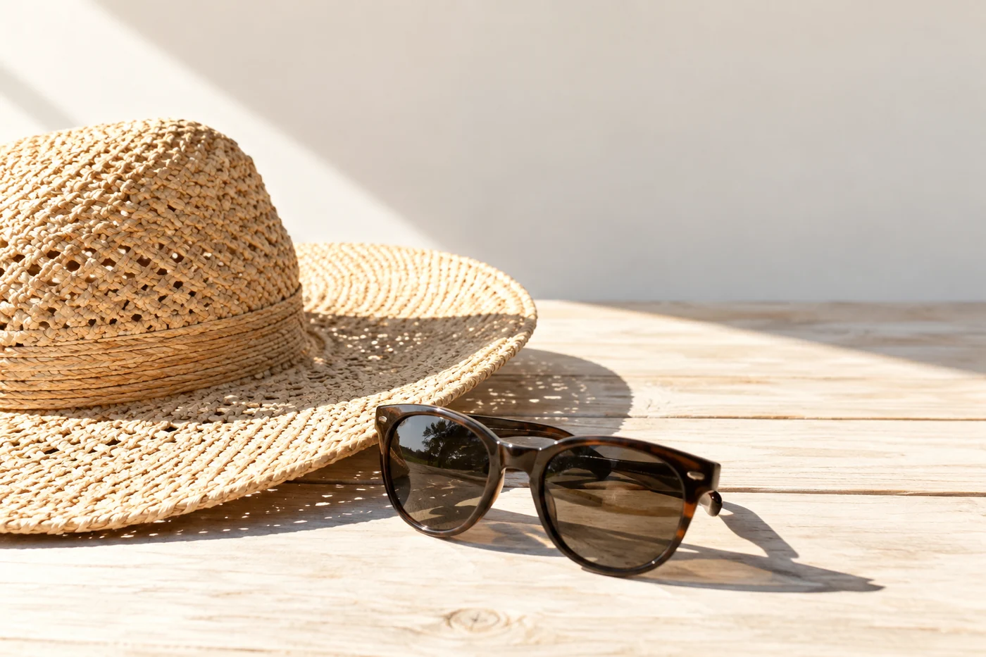 Sunglasses and a wide-brimmed straw hat in strong sunlight on a timber surface.