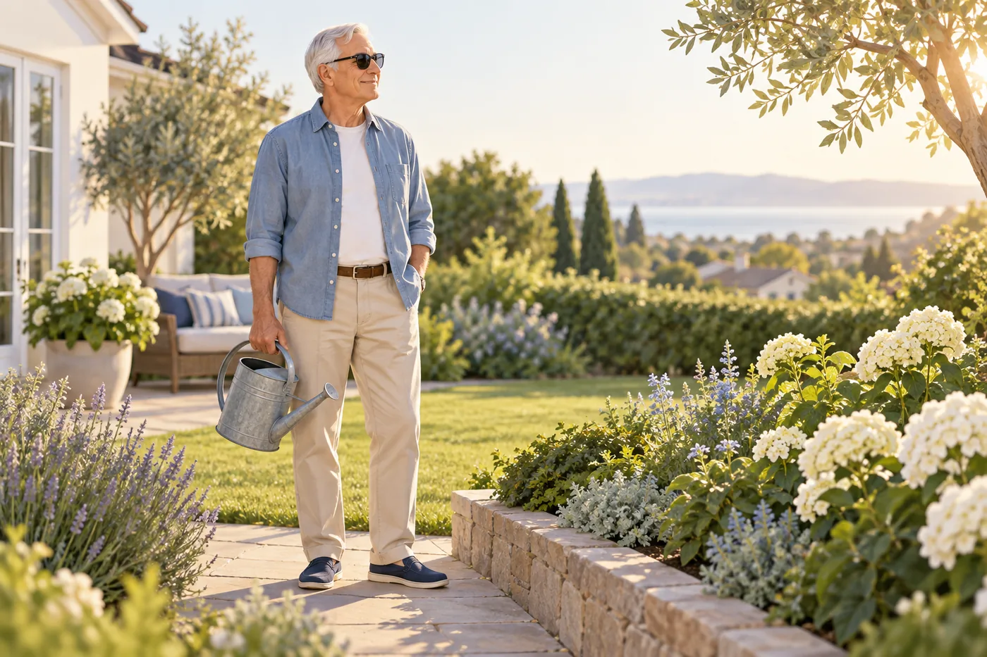 A man in his seventies standing in a sunlit garden wearing sunglasses, holding a watering can beside a low garden bed.