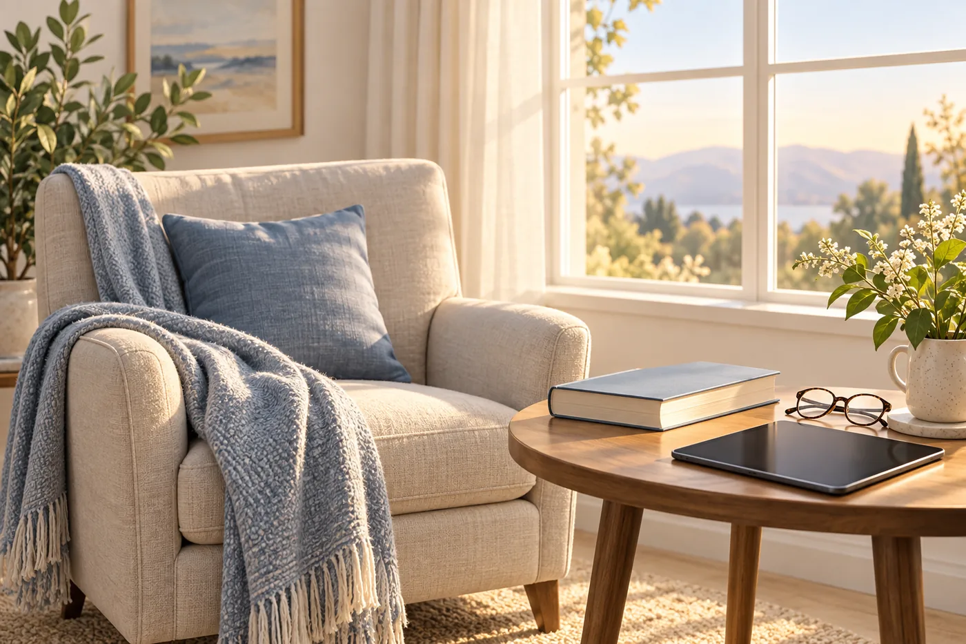 A comfortable armchair by a bright window with a book, reading glasses and a switched-off tablet on a side table.