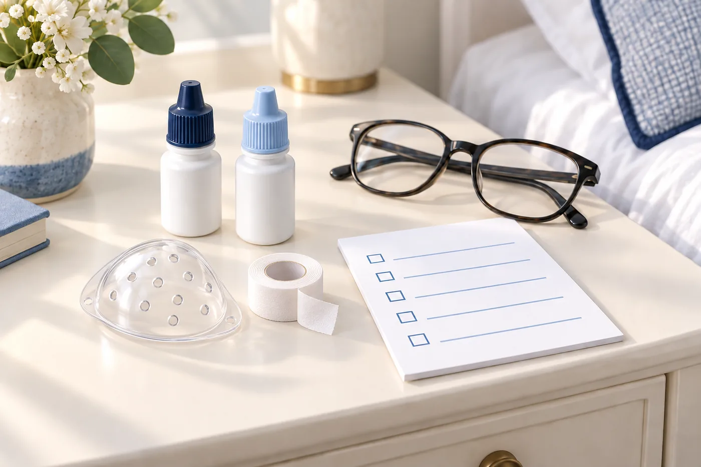 Unbranded eye-drop bottles, a protective shield, glasses and a blank paper checklist arranged on a bedside table.