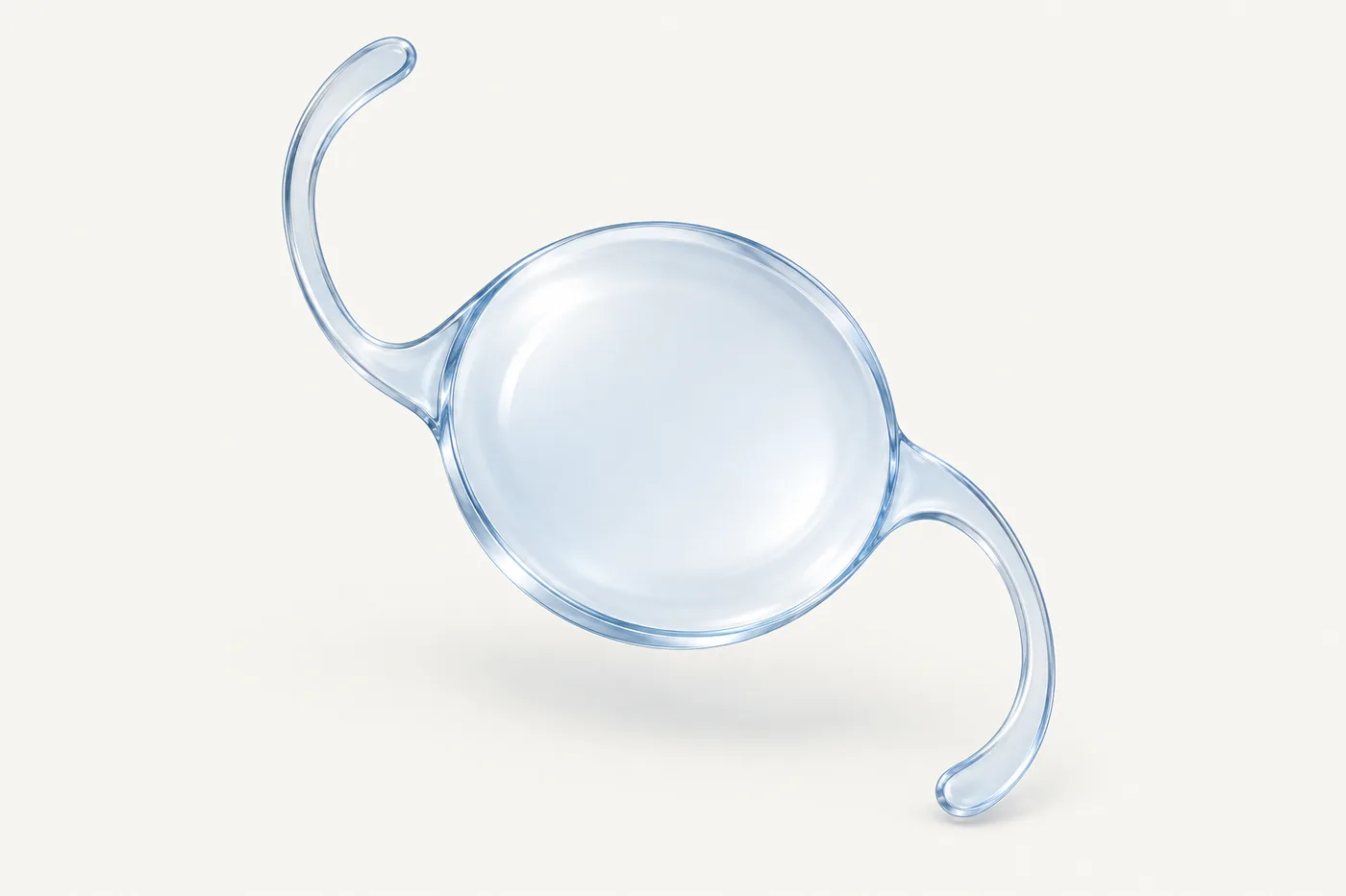 A single clear intraocular lens implant: a round central optic with two slender curved supporting arms extending from opposite edges.