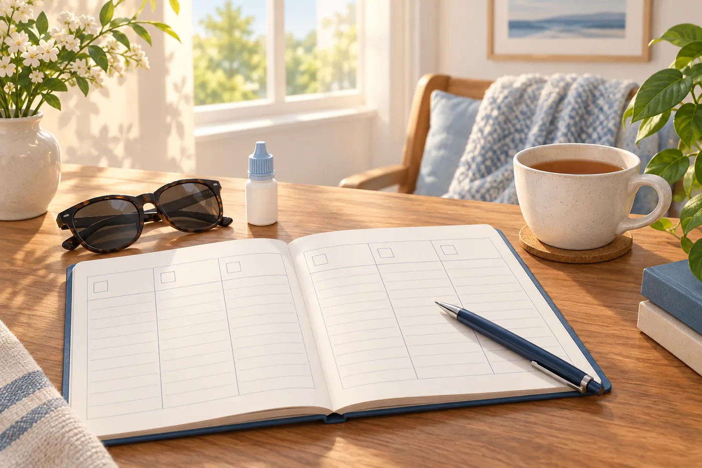 An open blank weekly planner and pen on a sunlit table, beside sunglasses, a small unbranded eye-drop bottle and a cup of tea.