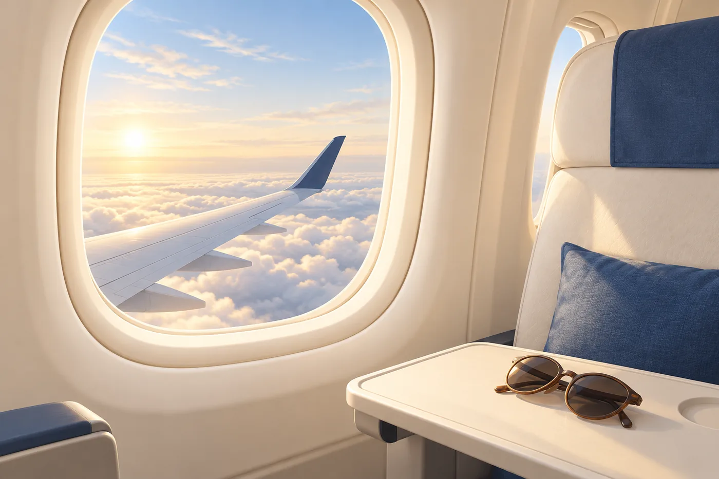 The view from an aircraft cabin window of the wing above sunlit cloud, with sunglasses resting on the tray table.