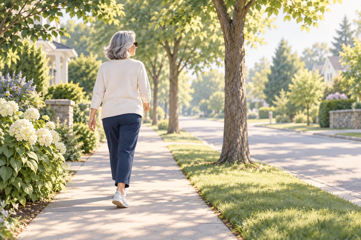 A woman in her sixties walking unhurriedly along a leafy suburban footpath in morning light, wearing sunglasses.
