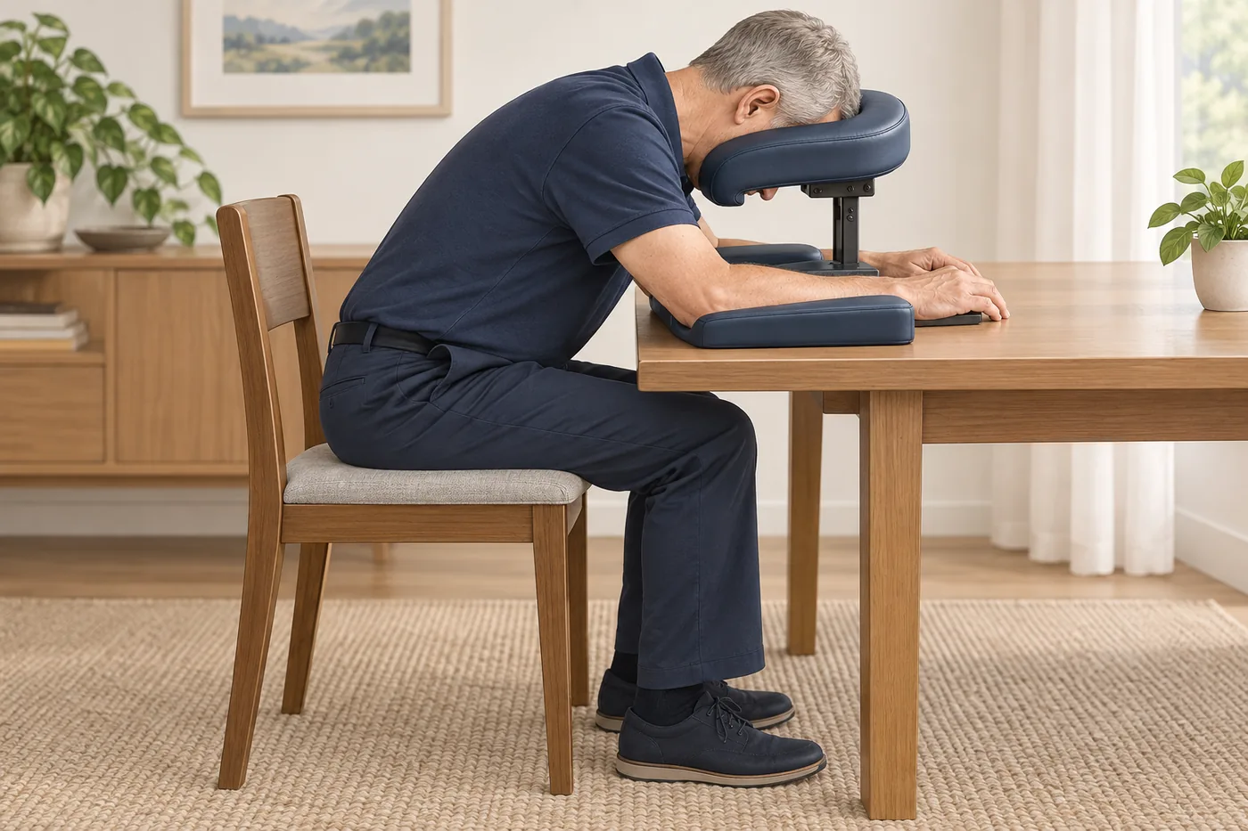 An older adult seated with both feet supported, leaning forward with the face resting over the open centre of a padded tabletop face cradle and the forearms supported.
