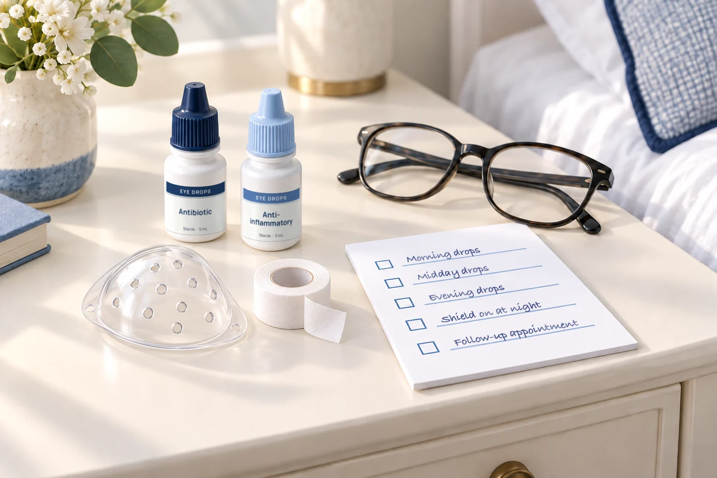Eye drop bottles, an eye shield and a checklist for the weeks after cataract surgery.