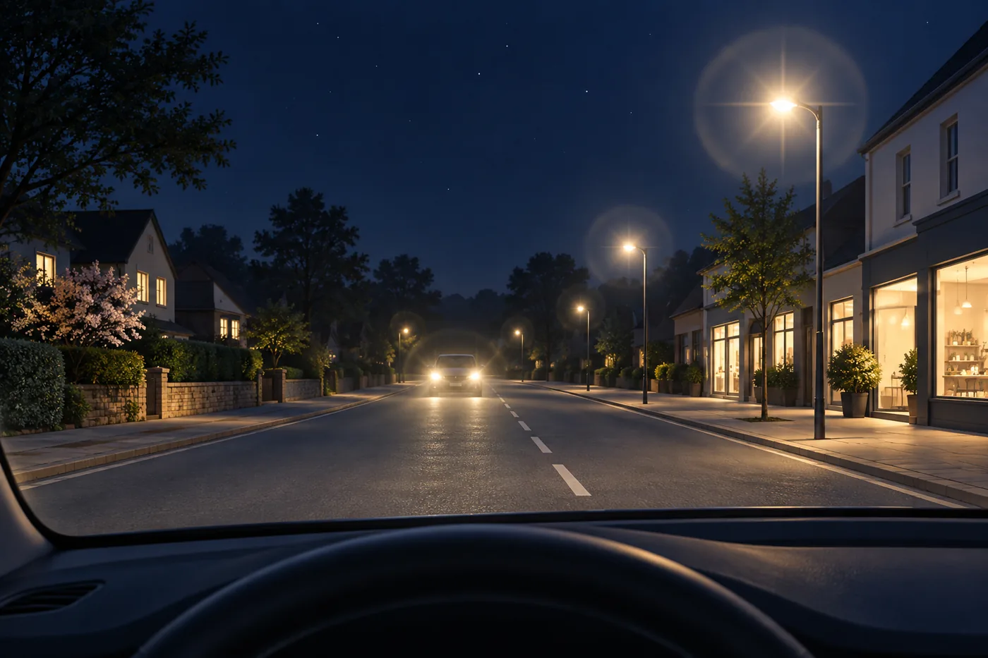 The view forward through a car windscreen on a suburban road at night, with soft rings and starbursts around the street lamps and oncoming headlights.
