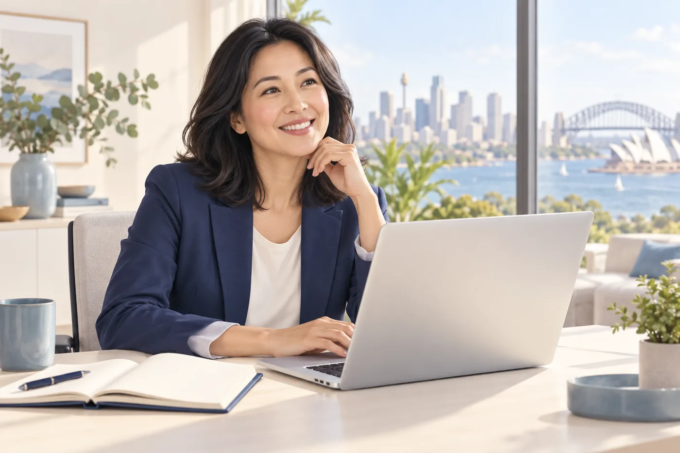 A woman in her mid forties working at a laptop at a desk beside a large office window over Sydney Harbour, without glasses.