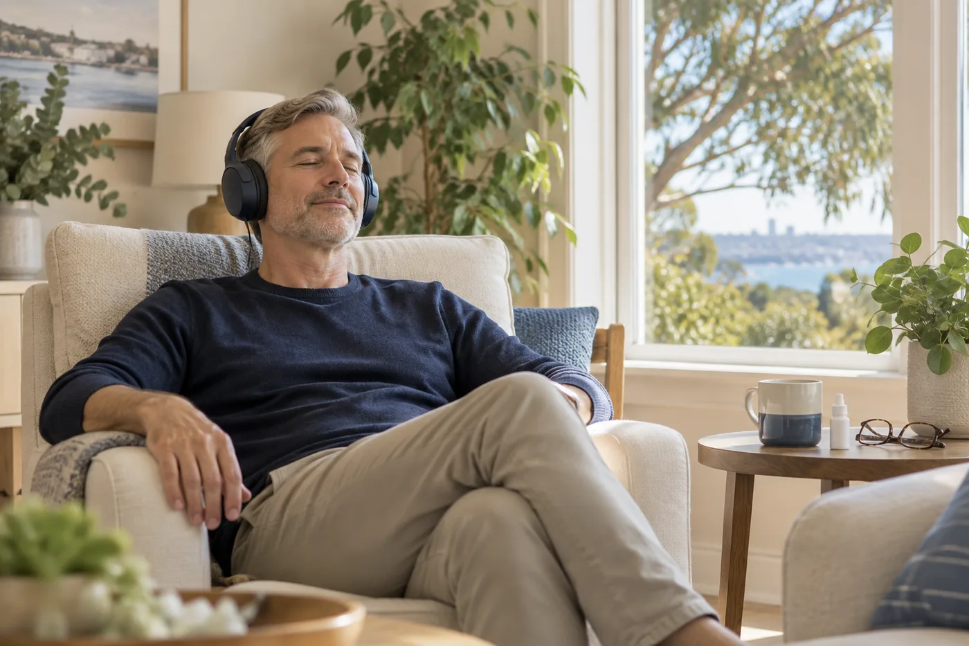 A man resting on a sofa at home wearing headphones, with a protective eye shield taped over one eye.