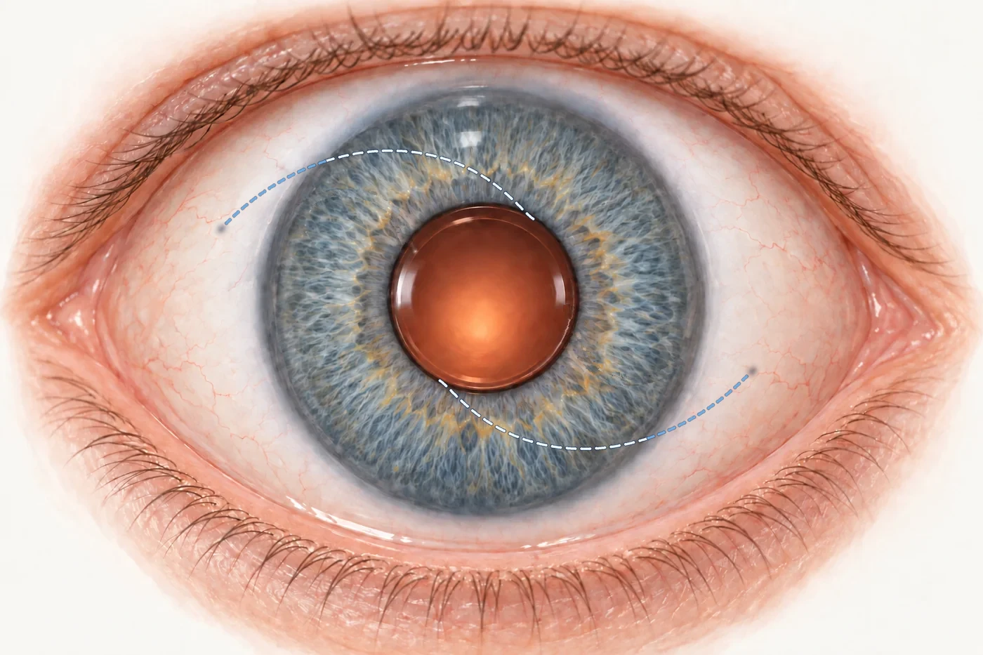 Face-on view of an eye with a lens implant centred in the pupil; its two loop haptics sit behind the iris, shown as dashed lines, and pass into the white of the eye on each side.