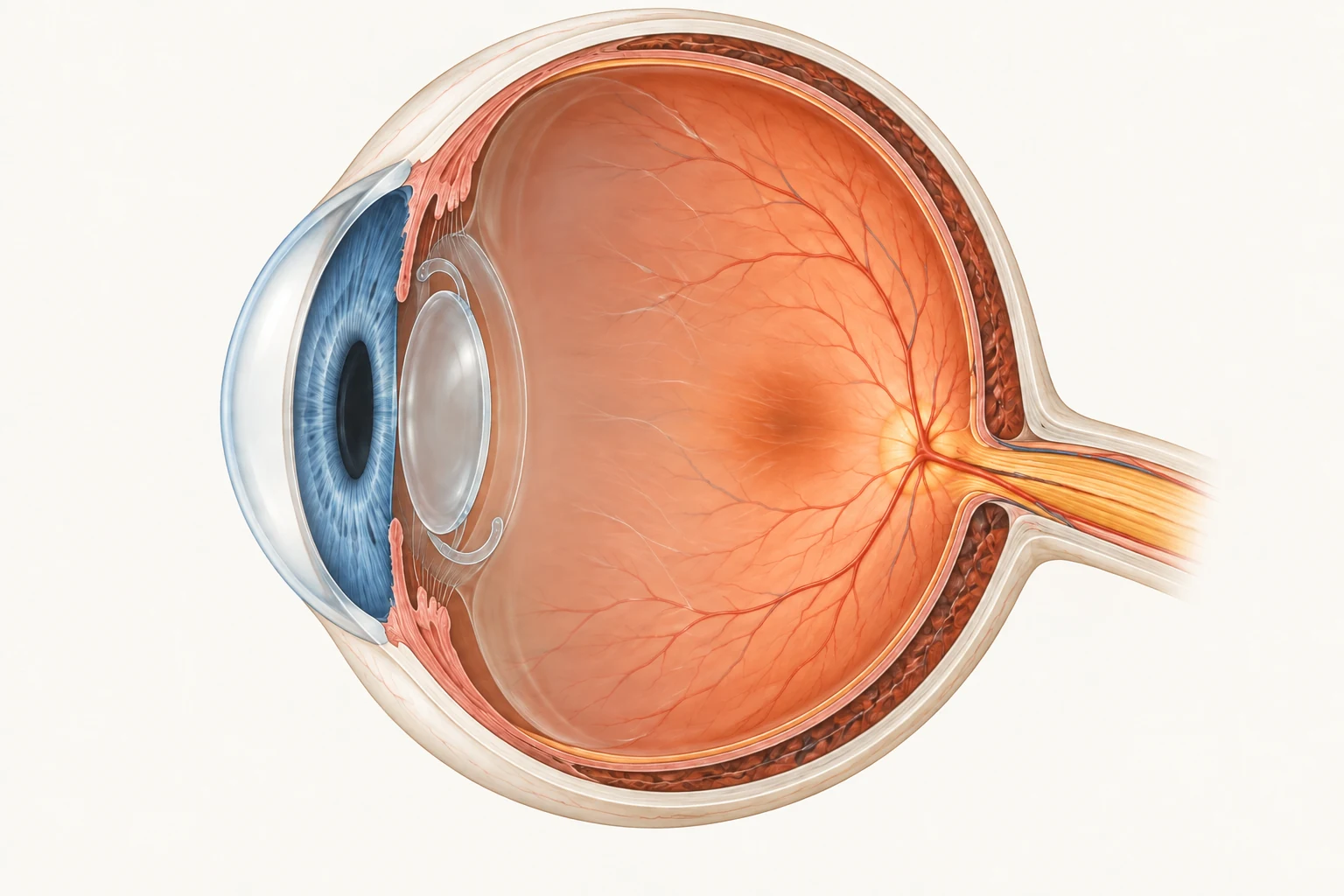 Illustrated cutaway of an eye with a clear lens implant behind the iris and a warm-coloured retina lining the back.
