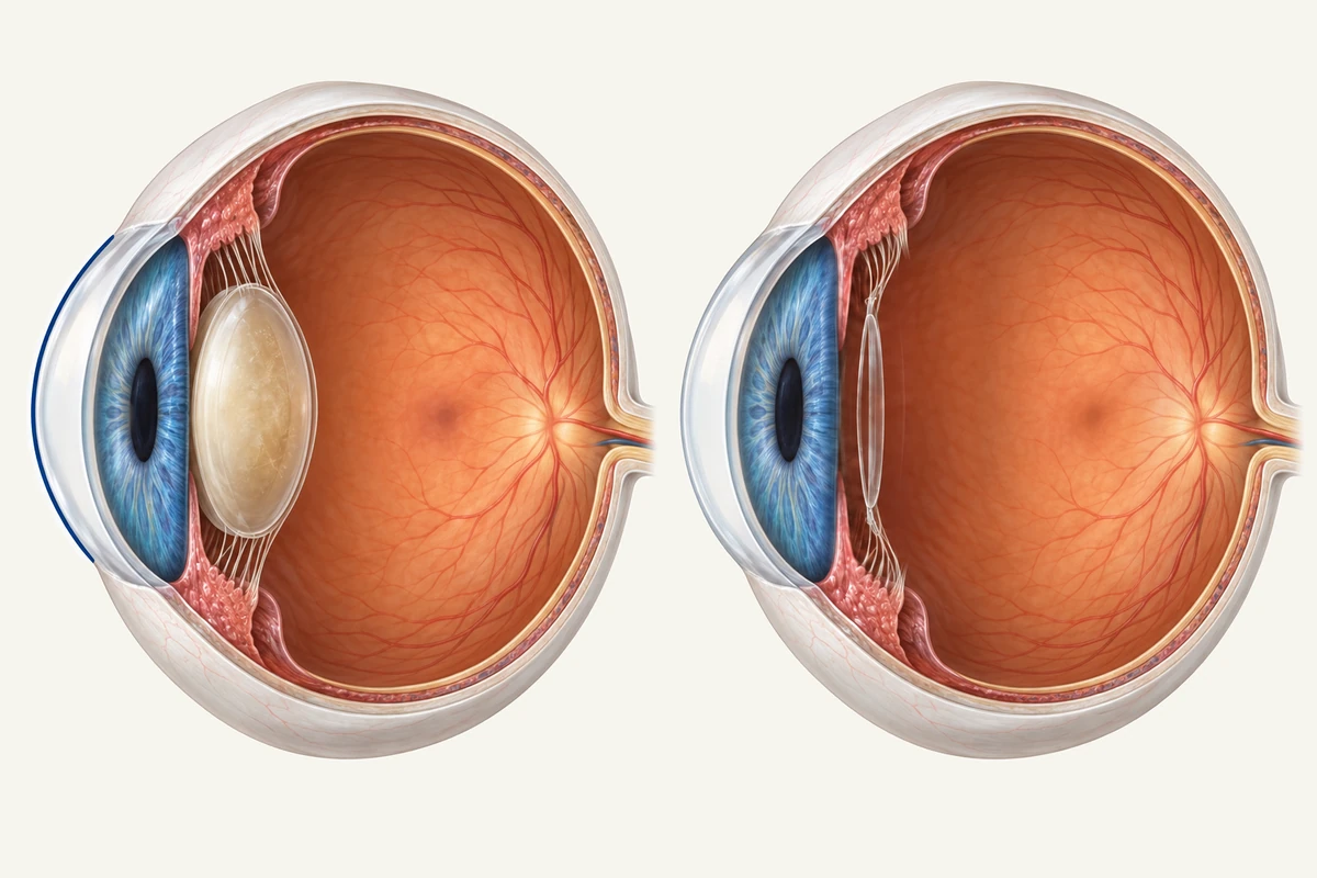 Two cutaway eyes: the cloudy natural lens is on the left; a thin artificial lens closely seated in a flat capsule behind the iris is on the right.